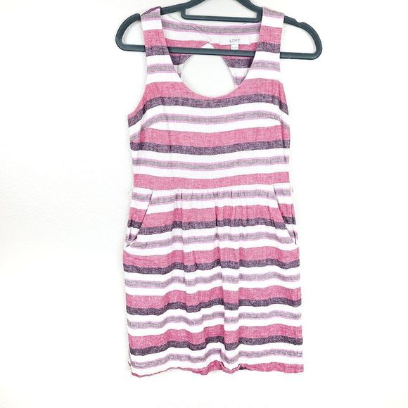 LOFT Size 0 Pink Striped Linen Mini Dress - Picture 2 of 11